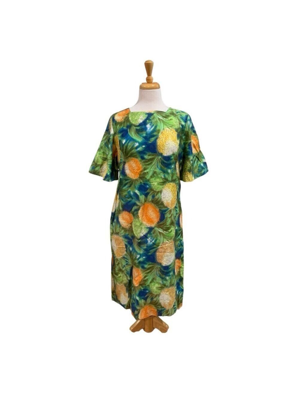 Vntg 70’s Women's Ui-Maikai Green Orange Pineapple Print Dress size M/L